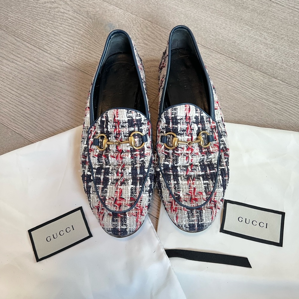 Gucci women’s tweed Jordaan loafer in size 37 - Picture 1 of 7